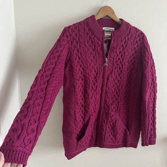 Aran Crafts Ireland Zip Sweater M Berry Merino Wool Cable Knit Fisherman Cabin - Picture 9 of 13